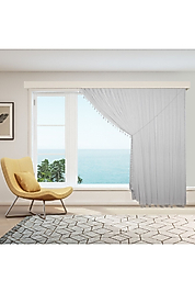 ÇİZGİLİ TÜL PERDE - HALATLI KRUVAZE PÜSKÜLLÜ TÜL PERDE