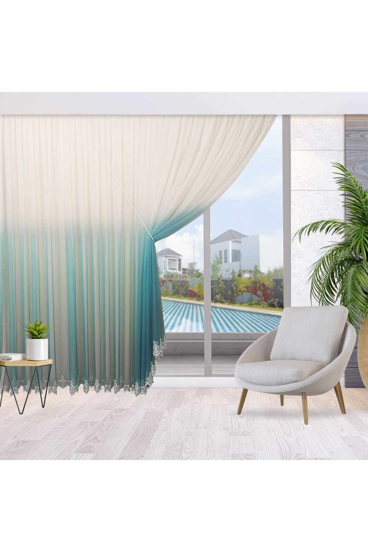 PETROL MAVİ DEGRADE TÜL PERDE TEK KANAT HALATLI