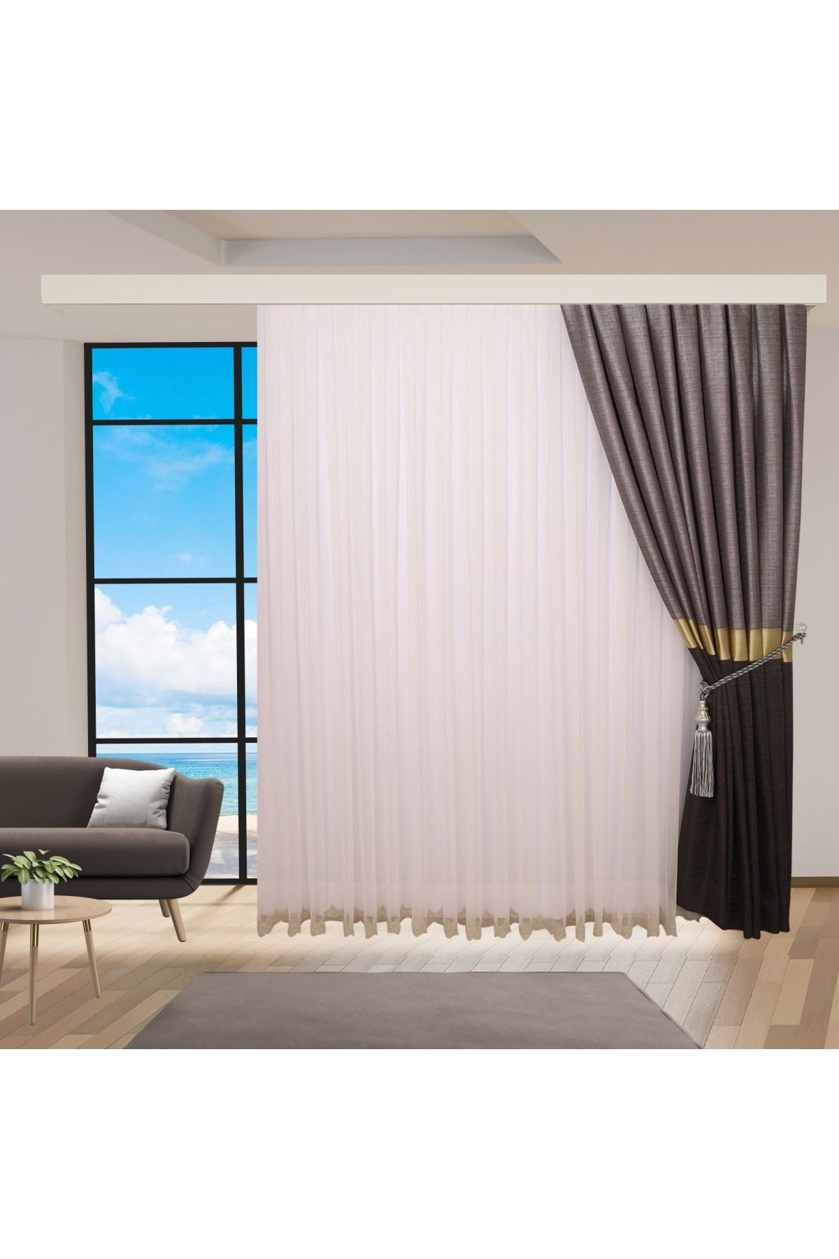 ALTIN GOLD ETEK İŞLEMELİ GREK TÜL PERDE