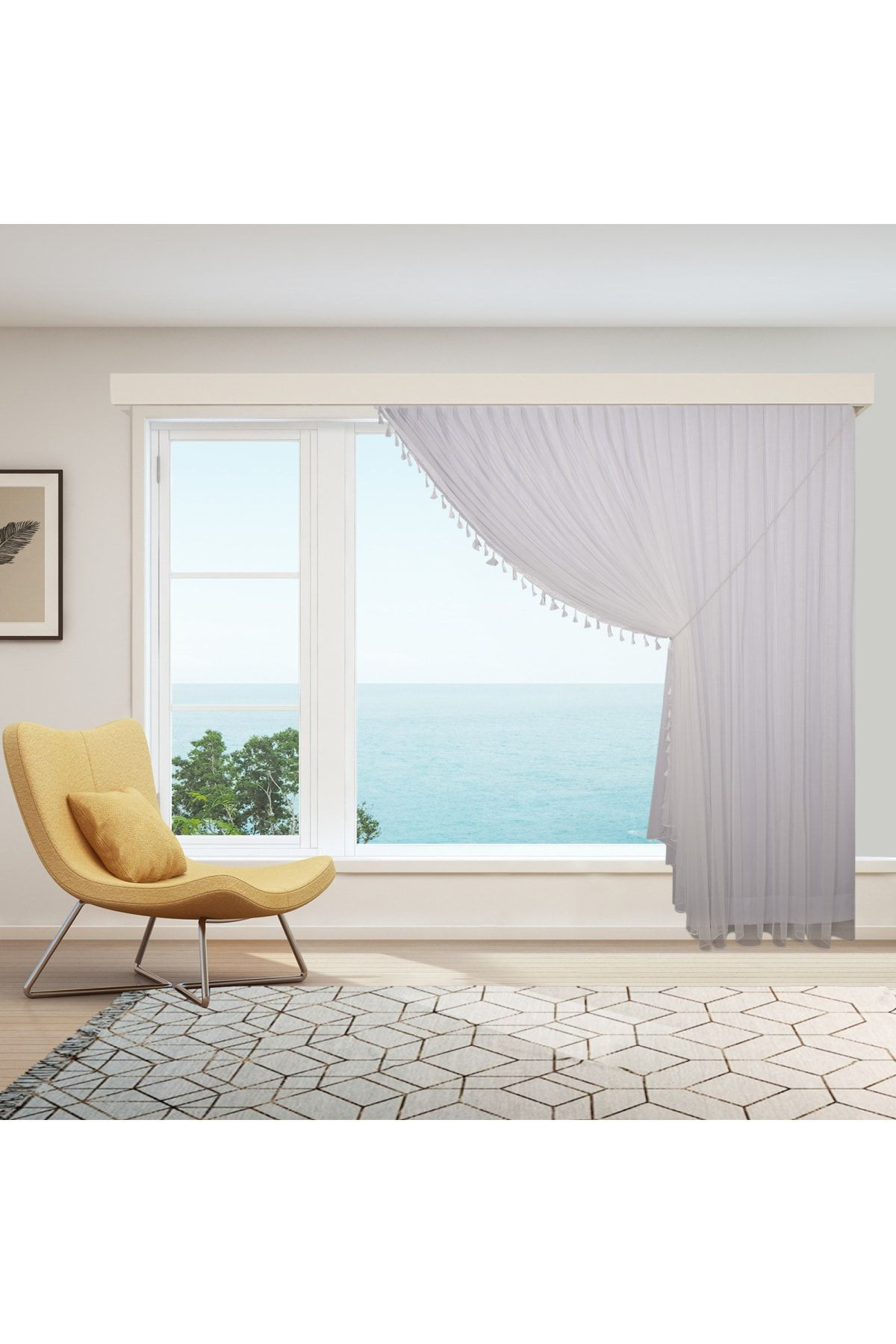 GREK TÜL PERDE - TEK KANAT HALATLI PÜSKÜLLÜ TÜL PERDE 1-3 Sık Pile-300