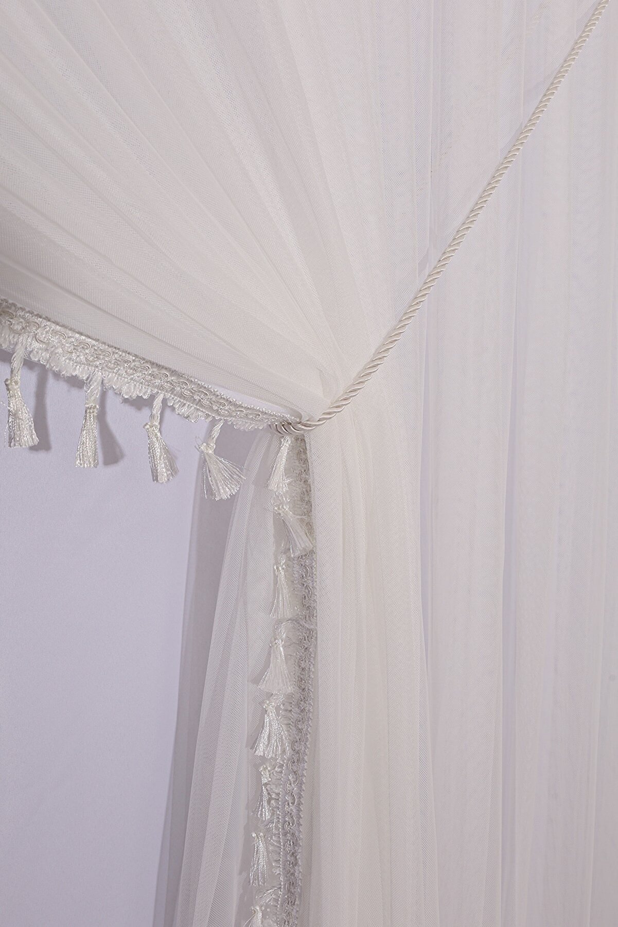 TİTİ TÜL PERDE İNCE KETEN TEK KANAT HALATLI PÜSKÜLLÜ TÜL PERDE 1-2 Seyrek Pile-425