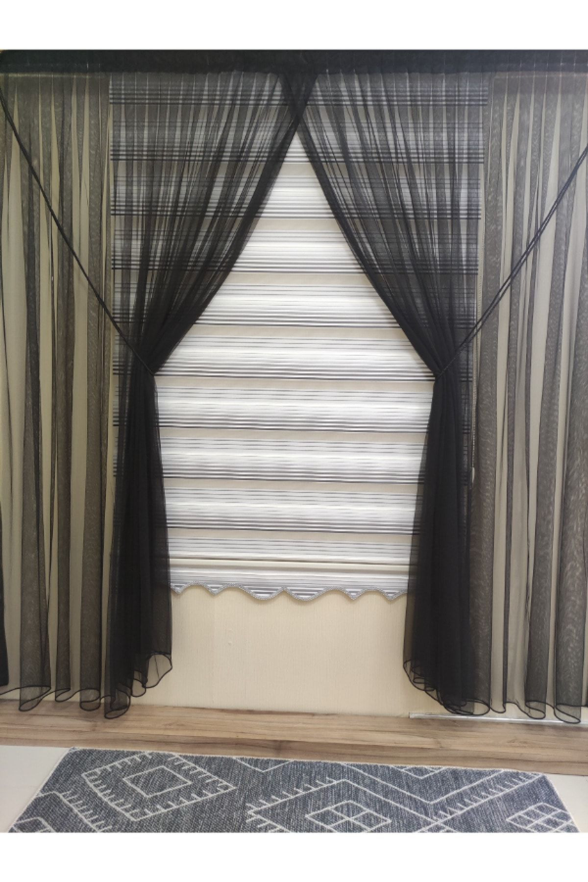 SİYAH GREK TÜL PERDE HALATLI KRUVAZE TÜL PERDE 1-3 Sık Pile-225