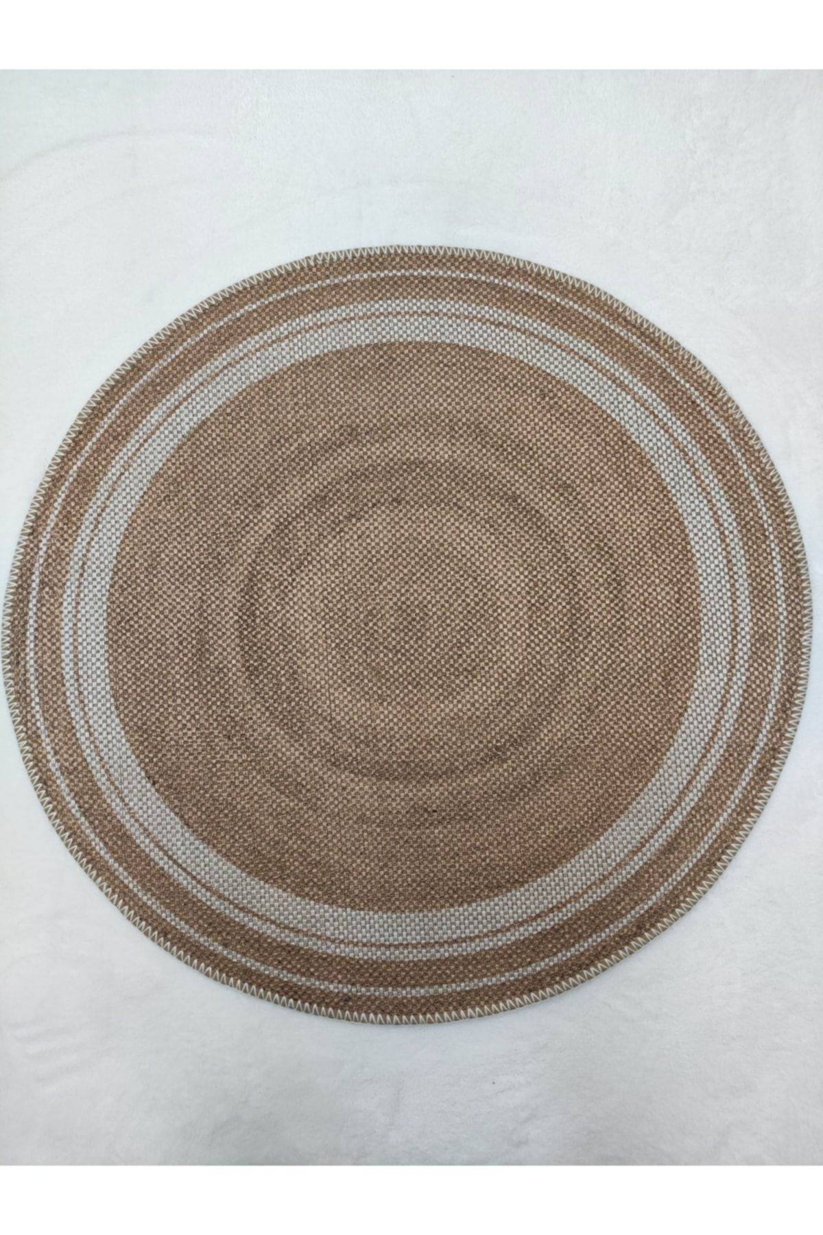 BEYAZ ÇERÇEVELİ YUVARLAK JÜT KİLİM HALI